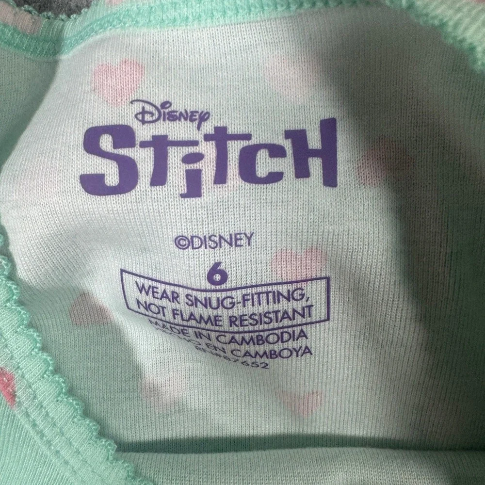 Disney Stitch Girls 4 Piece Pajama Set Mint Green Pink Hearts Size 6 Cotton